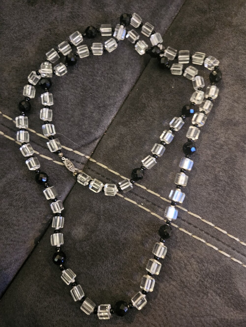 Geometric Art Deco Clear Crystal Cube Black Bead Long Strand Necklace Vintage
